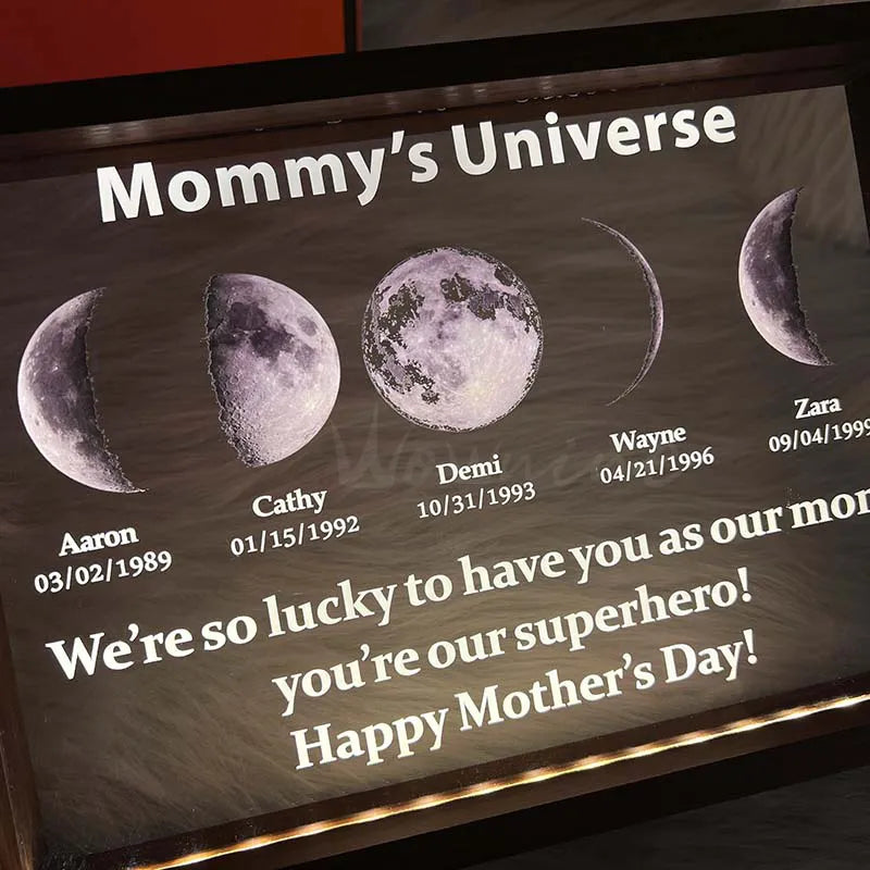 Led light moon phase frame with text and date - mom's universe