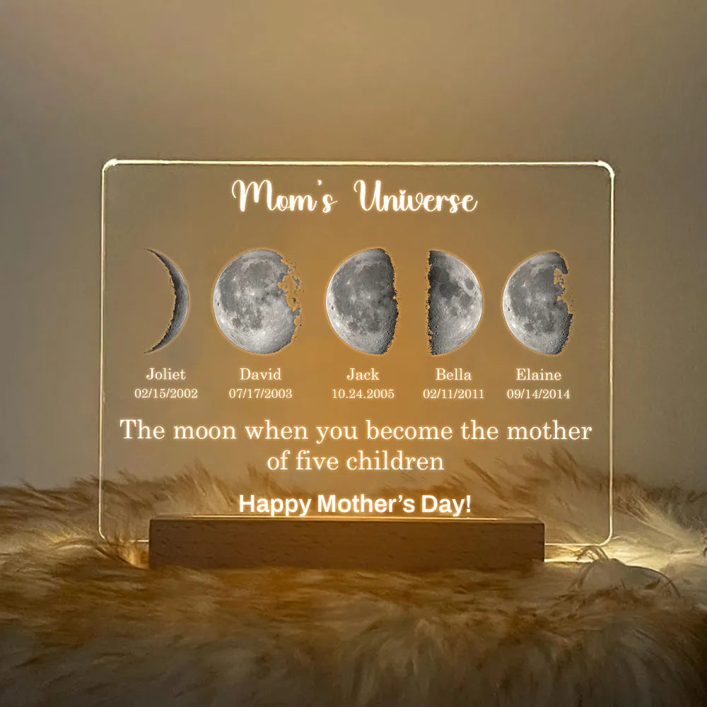 Led light moon phase frame with text and date - mom's universe