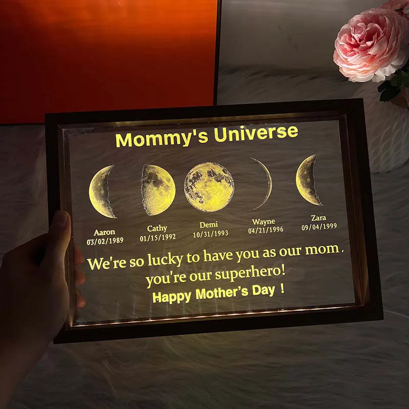 Led light moon phase frame with text and date - mom's universe