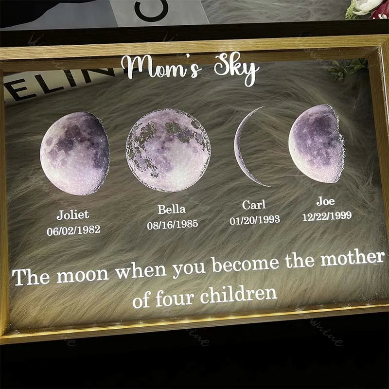 Led light moon phase frame with text and date - mom's universe