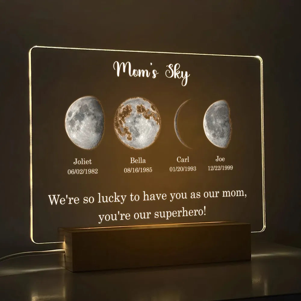 Led light moon phase frame with text and date - mom's universe