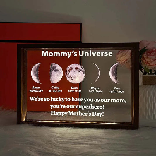 Led light moon phase frame with text and date - mom's universe