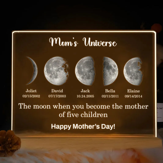 Led light moon phase frame with text and date - mom's universe