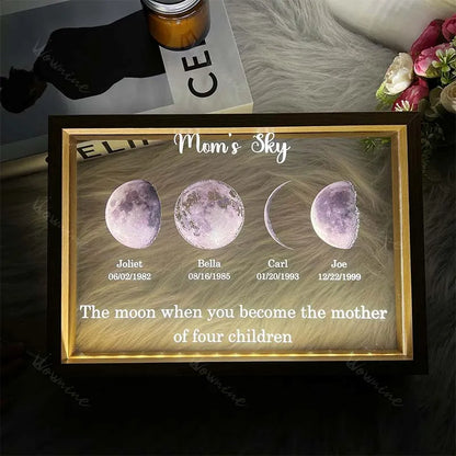 Led light moon phase frame with text and date - mom's universe