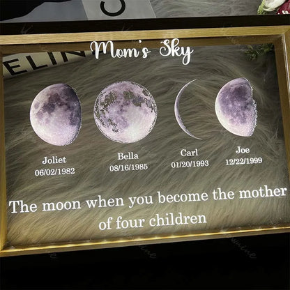 Led light moon phase frame with text and date - mom's universe