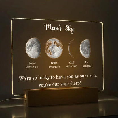Led light moon phase frame with text and date - mom's universe