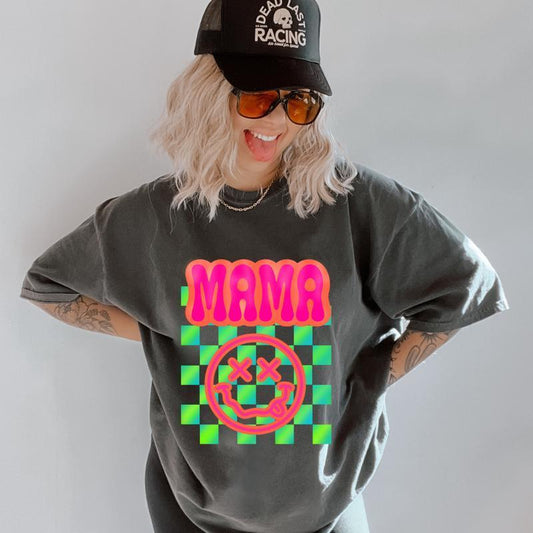 Retro Racing Mama Tee: Vintage Plaid & Smiley Graphic Shirt | Comfort Colors Soft Fit