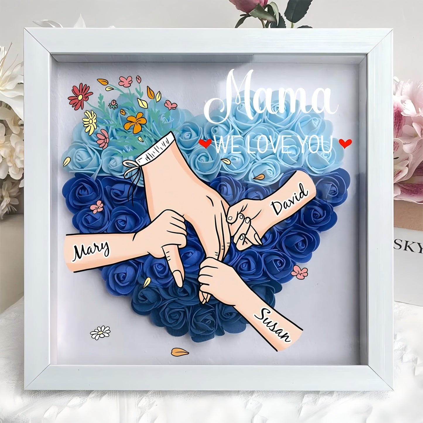 Personalised Mom & Grandma Flower Shadow Box with Names - Family Love Blooms Forever